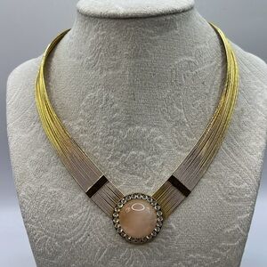 Vintage 80s Gold Tone Wire V Choker  with Center Pink Stone with Rhinestones
